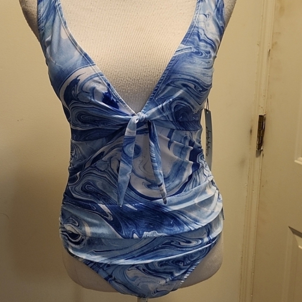 NWT Nicole Miller one piece Swimsuit artsy swril Blue Size medium abstract